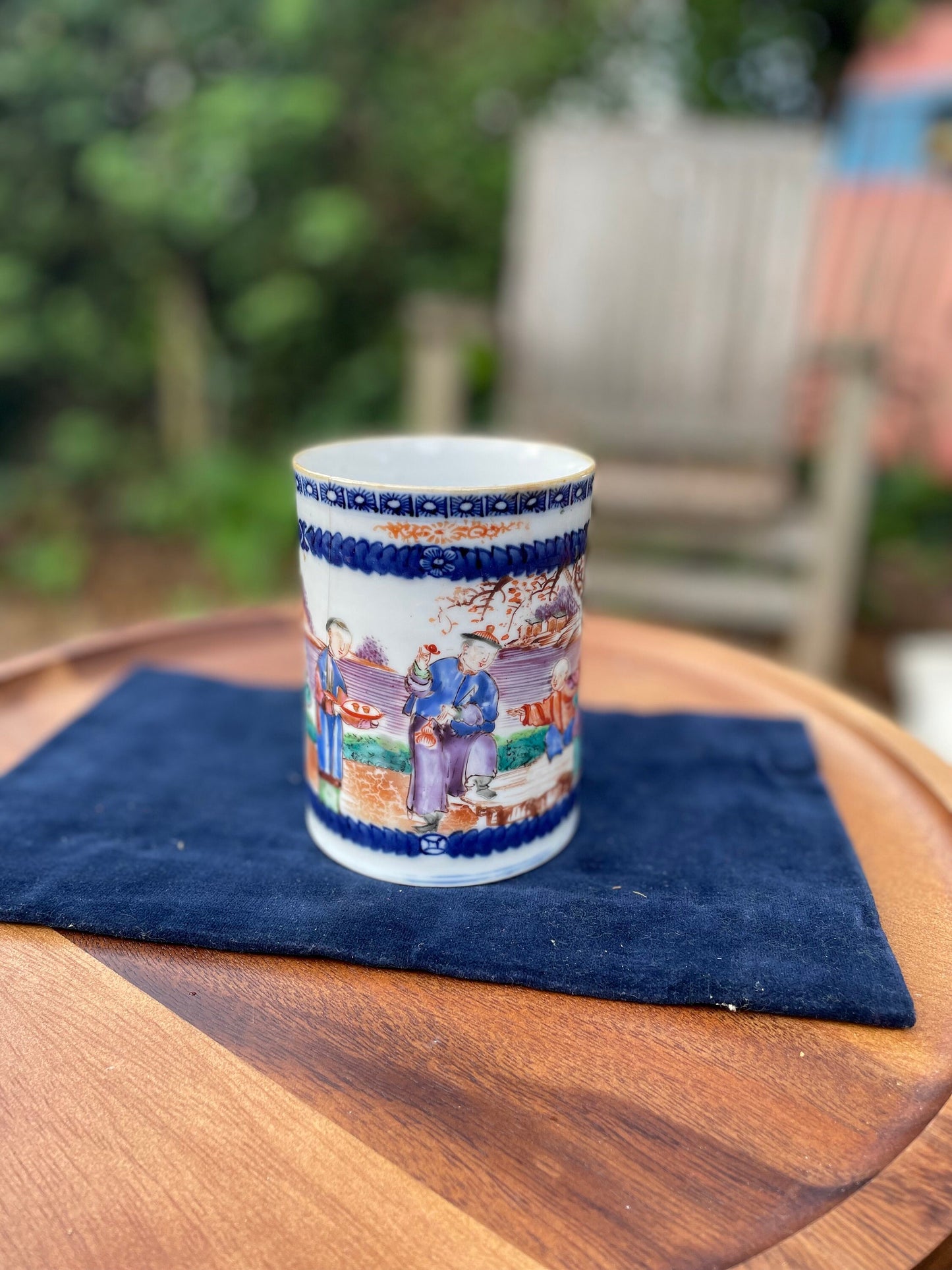 A Chinese 18th Century Antique Hand Painted Porcelain Mug With Garden Scene and Dragon Design Handle 11.5cm Tall