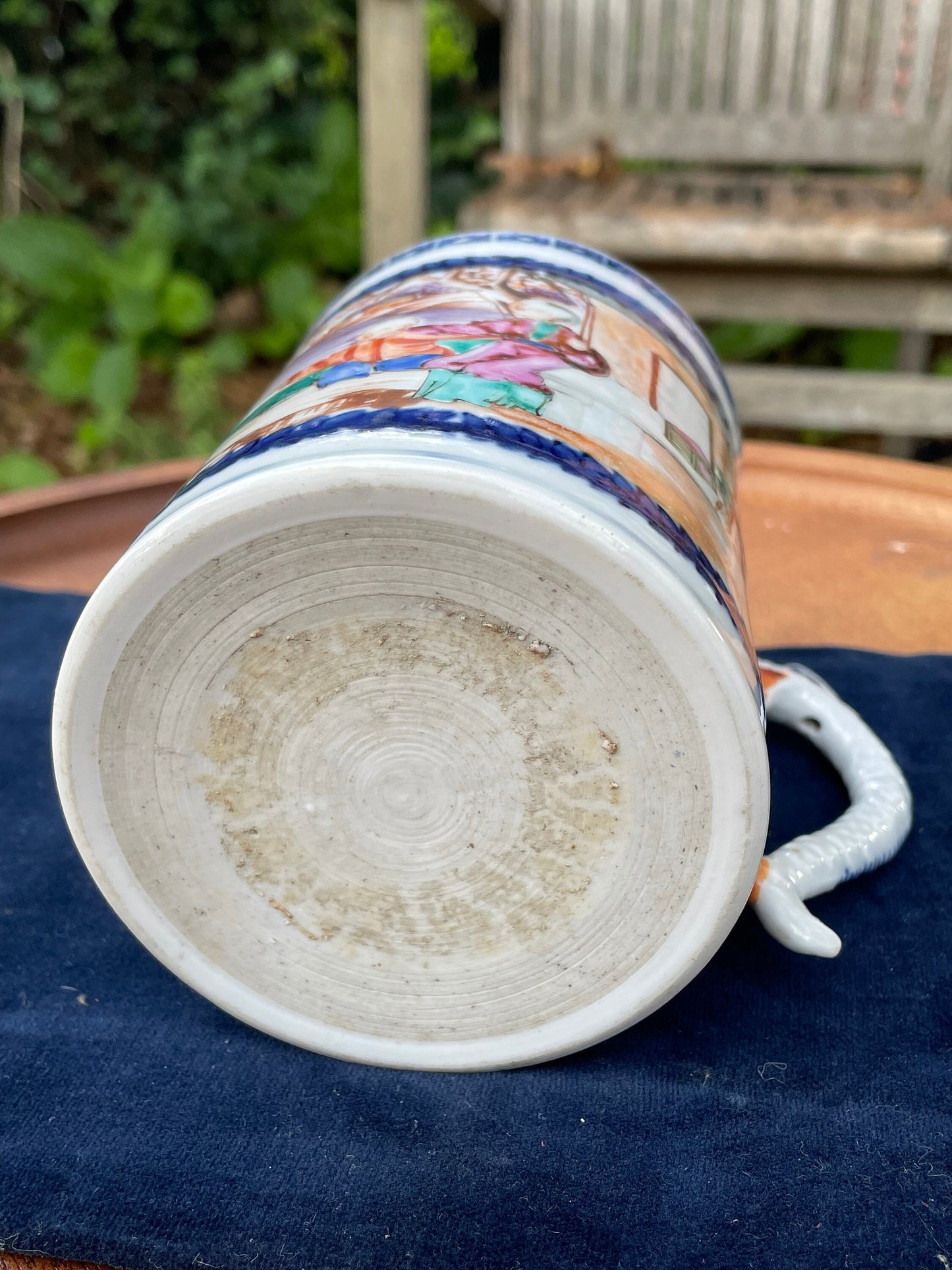 A Chinese 18th Century Antique Hand Painted Porcelain Mug With Garden Scene and Dragon Design Handle 11.5cm Tall