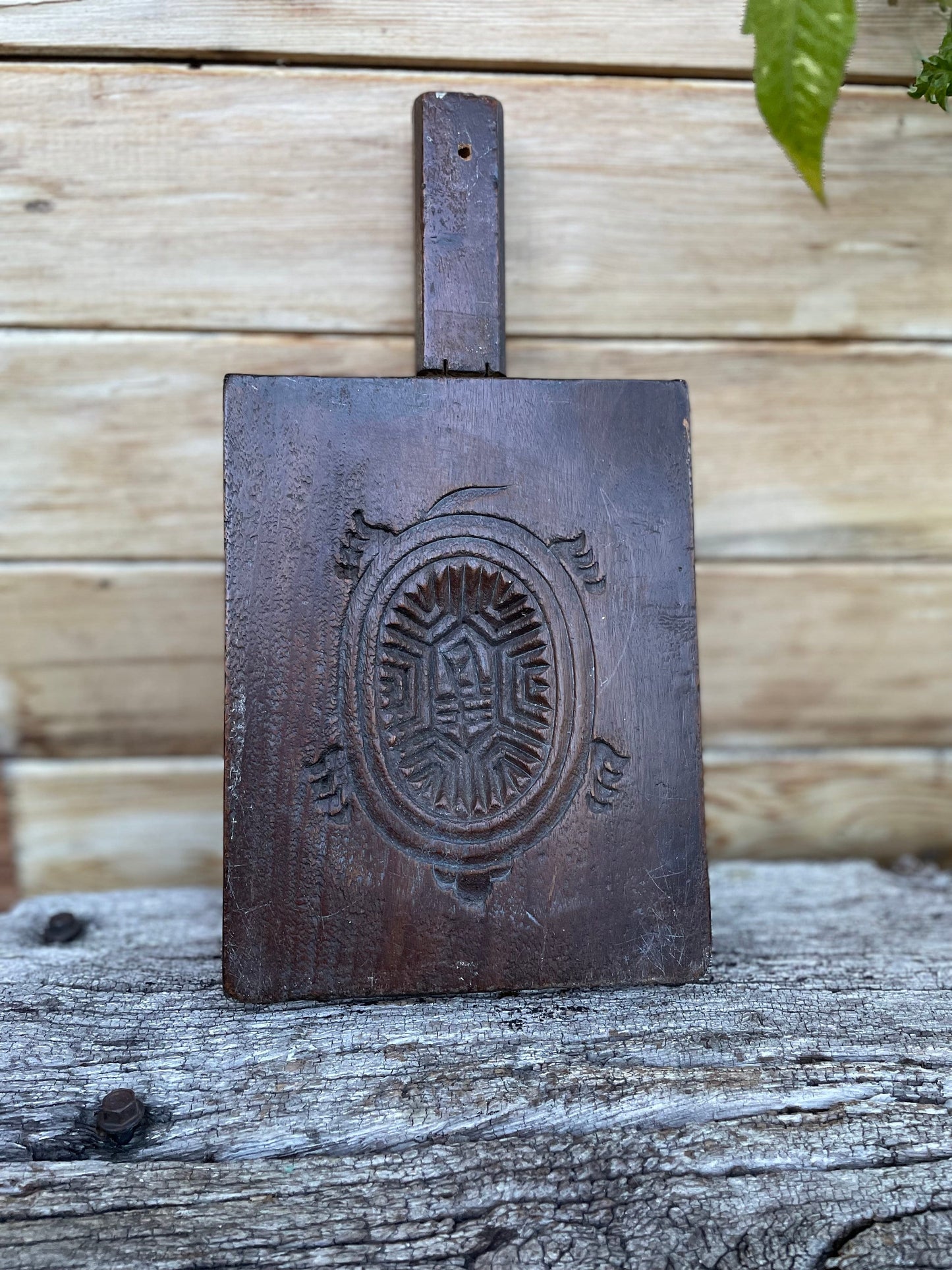 A Hand Carved Hardwood 19th/early 20th Century Japanese Wooden Reversible Rice Mould 27.5cm Long incl. Handle