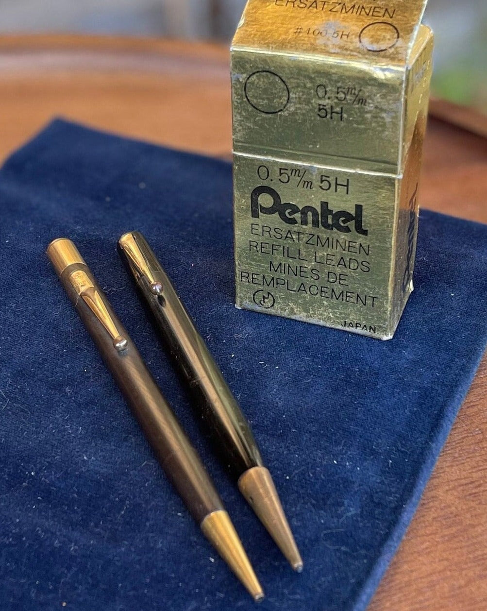 Vintage Mabie Todd Fyne Poynt Propelling Pencils – Black and Brown Herringbone MT and Co England with Pentel Leads – 1930s–50s