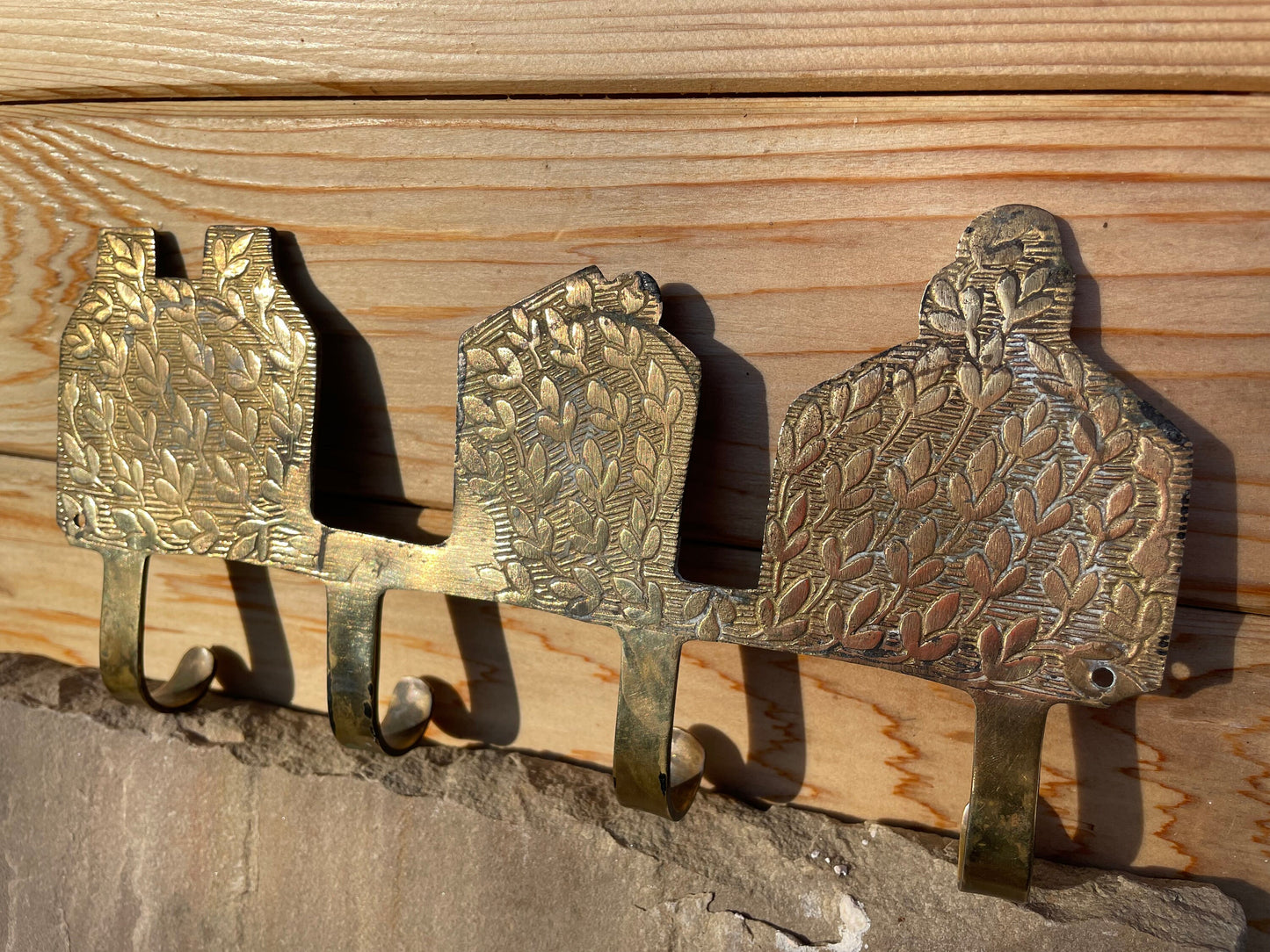 An original one off Vintage Brass Folk Art Utensil/Keys Hook With Enamel Coloured Houses 23cm Long