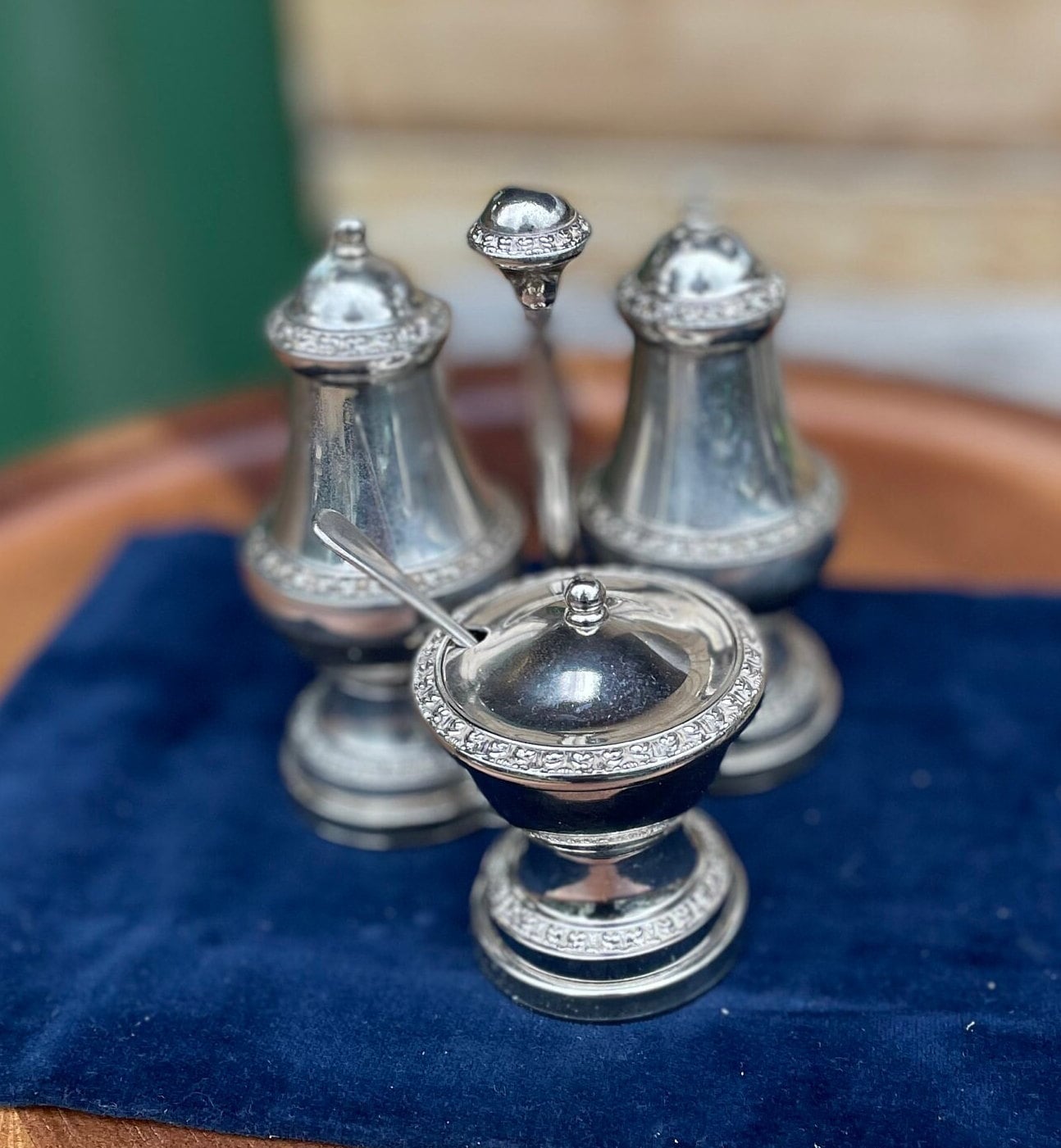 A Vintage English Silver Plated Three Piece Ianthe Condiment Set c1950's