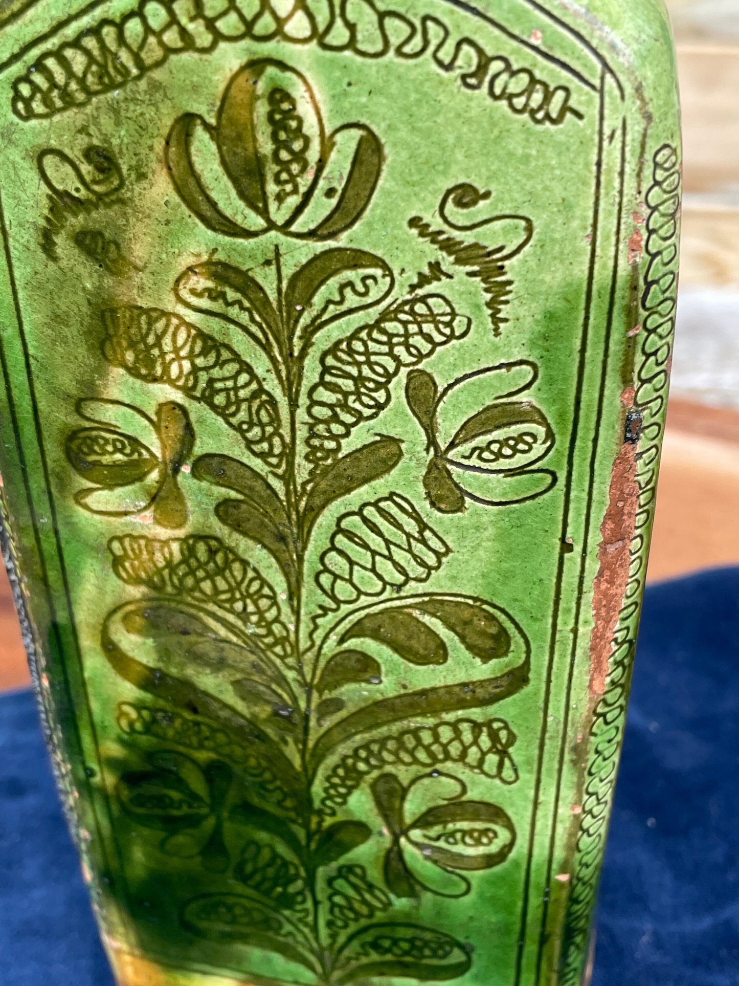A 19th Century Green Glazed Terracotta Sgraffito Flask 19cm Tall