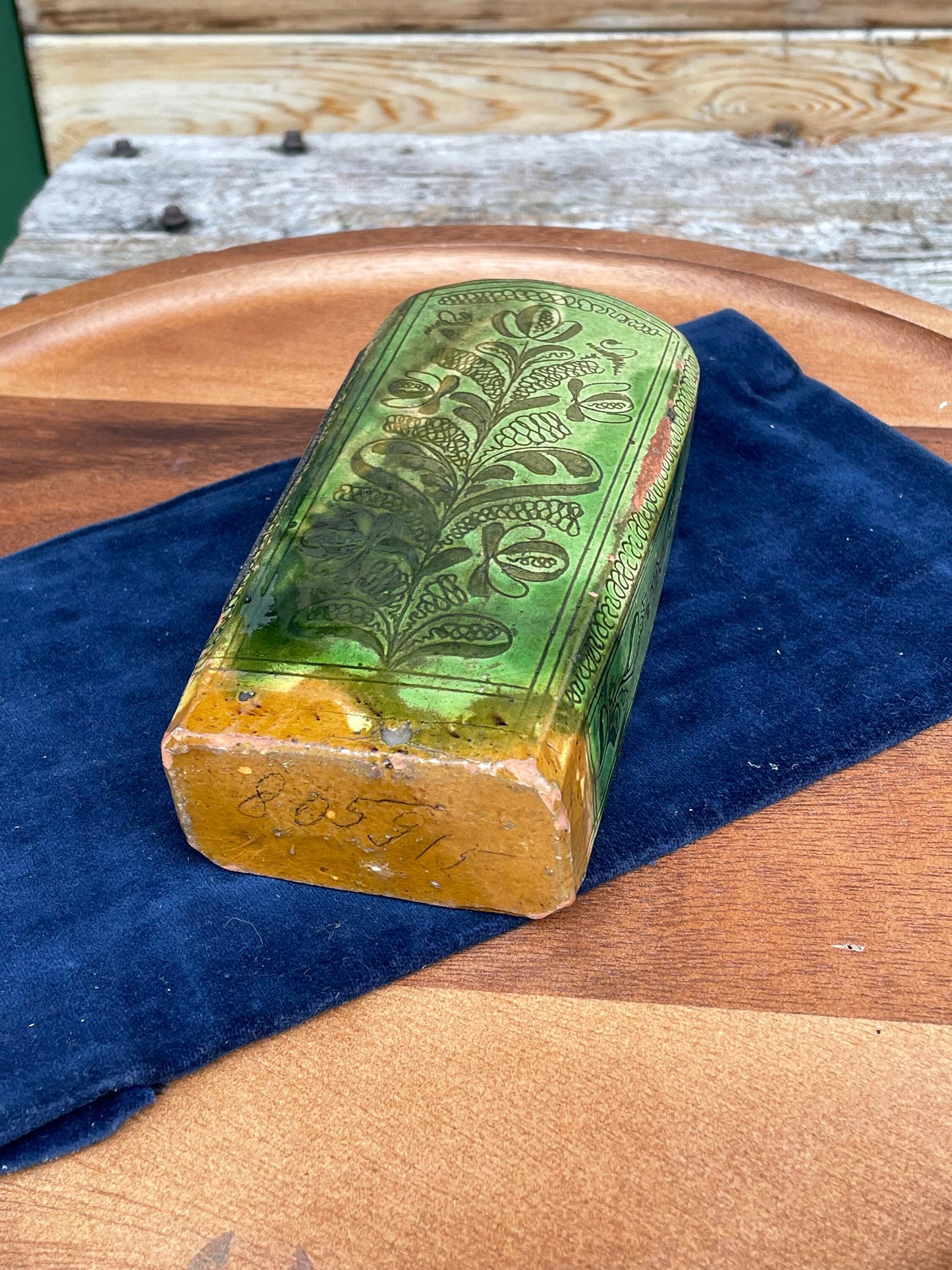 A 19th Century Green Glazed Terracotta Sgraffito Flask 19cm Tall