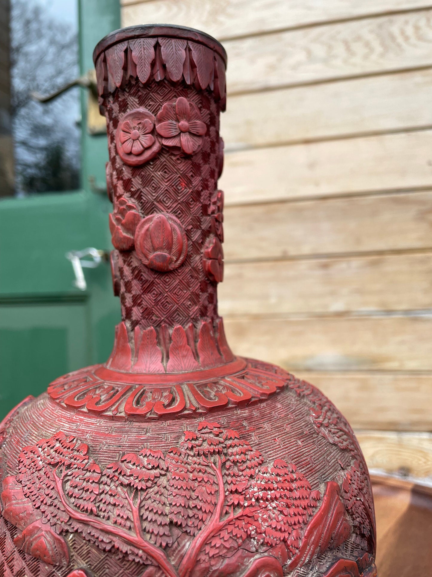 Antique Chinese Cinnabar Lacquer Vase, Hand Carved Scholars and Landscape, Red Lacquer with Brass Rim, 25cm Late Qing Republic Era