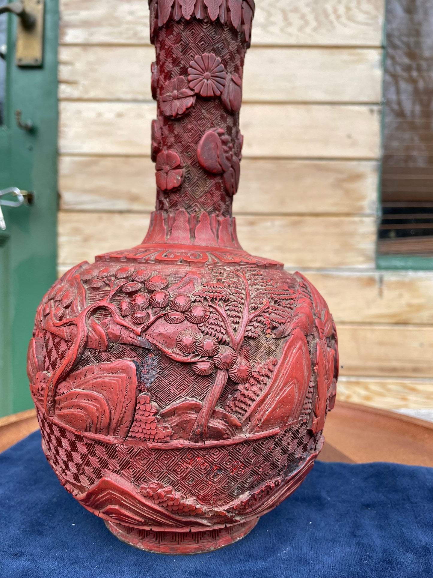 Antique Chinese Cinnabar Lacquer Vase, Hand Carved Scholars and Landscape, Red Lacquer with Brass Rim, 25cm Late Qing Republic Era