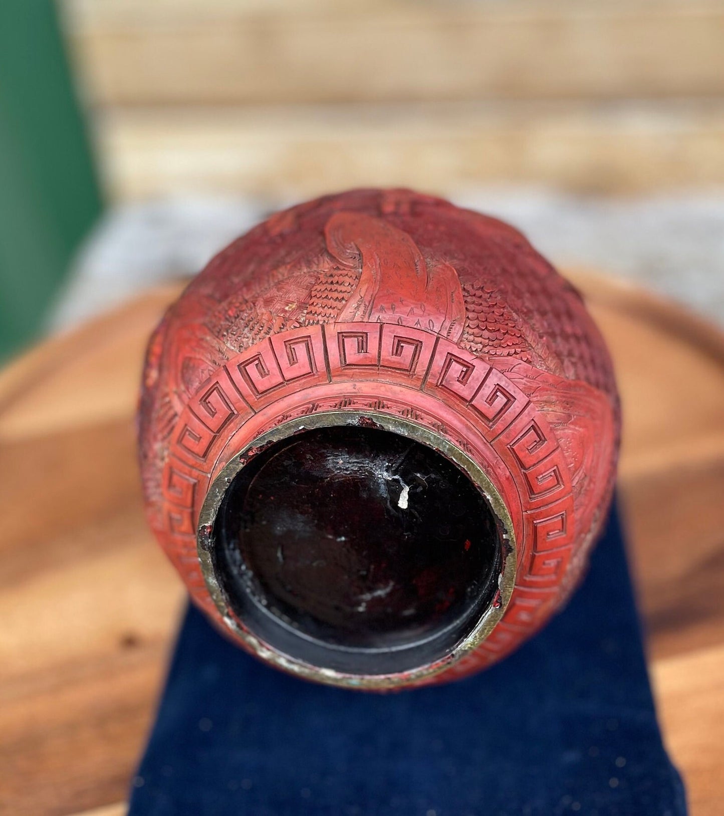 Antique Chinese Cinnabar Lacquer Vase, Hand Carved Scholars and Landscape, Red Lacquer with Brass Rim, 25cm Late Qing Republic Era