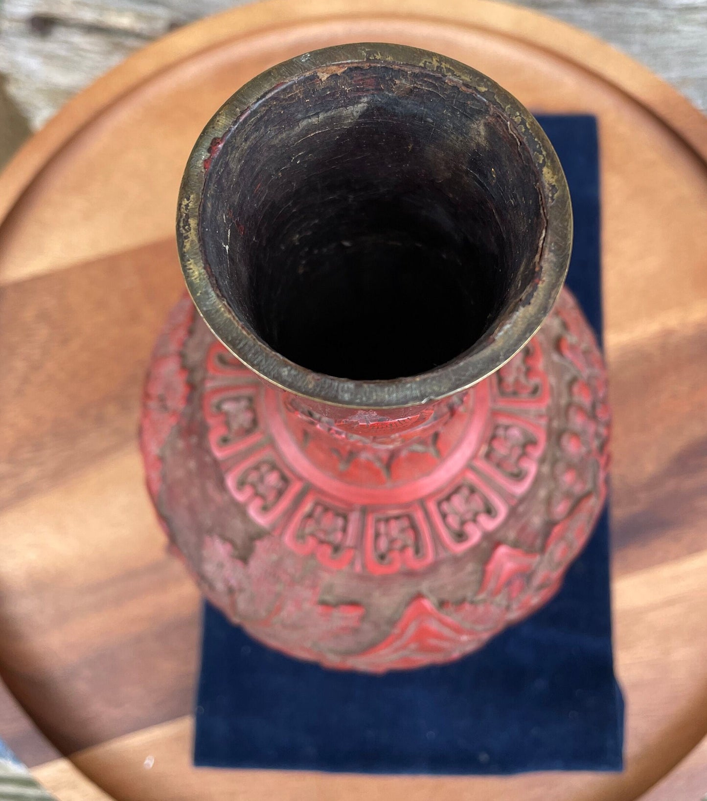 Antique Chinese Cinnabar Lacquer Vase, Hand Carved Scholars and Landscape, Red Lacquer with Brass Rim, 25cm Late Qing Republic Era