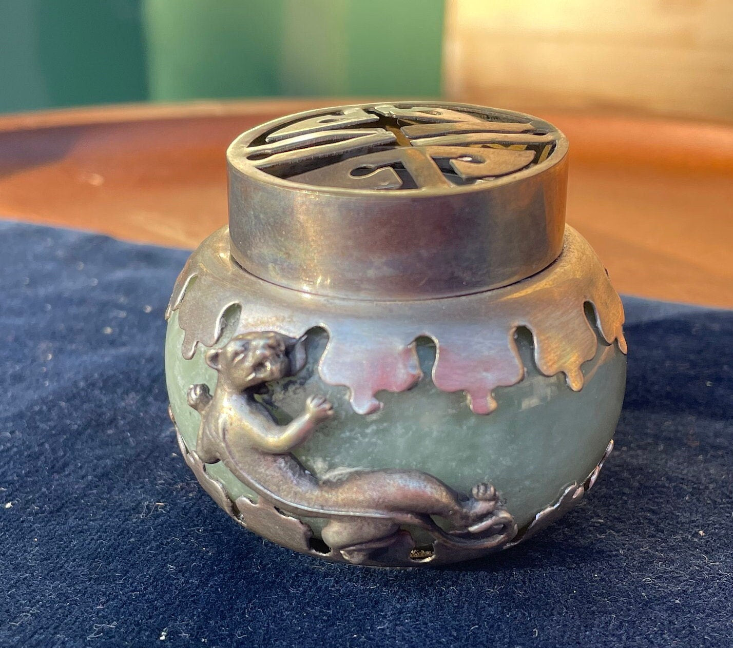 A Green Hardstone Incense Burner With White Metal Mounts 5cm Tall