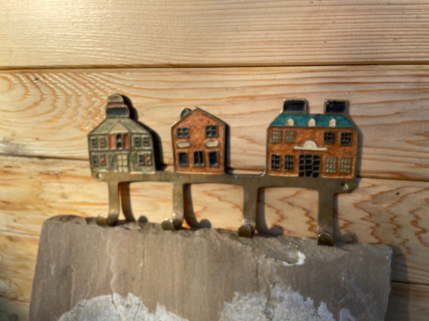 An original one off Vintage Brass Folk Art Utensil/Keys Hook With Enamel Coloured Houses 23cm Long