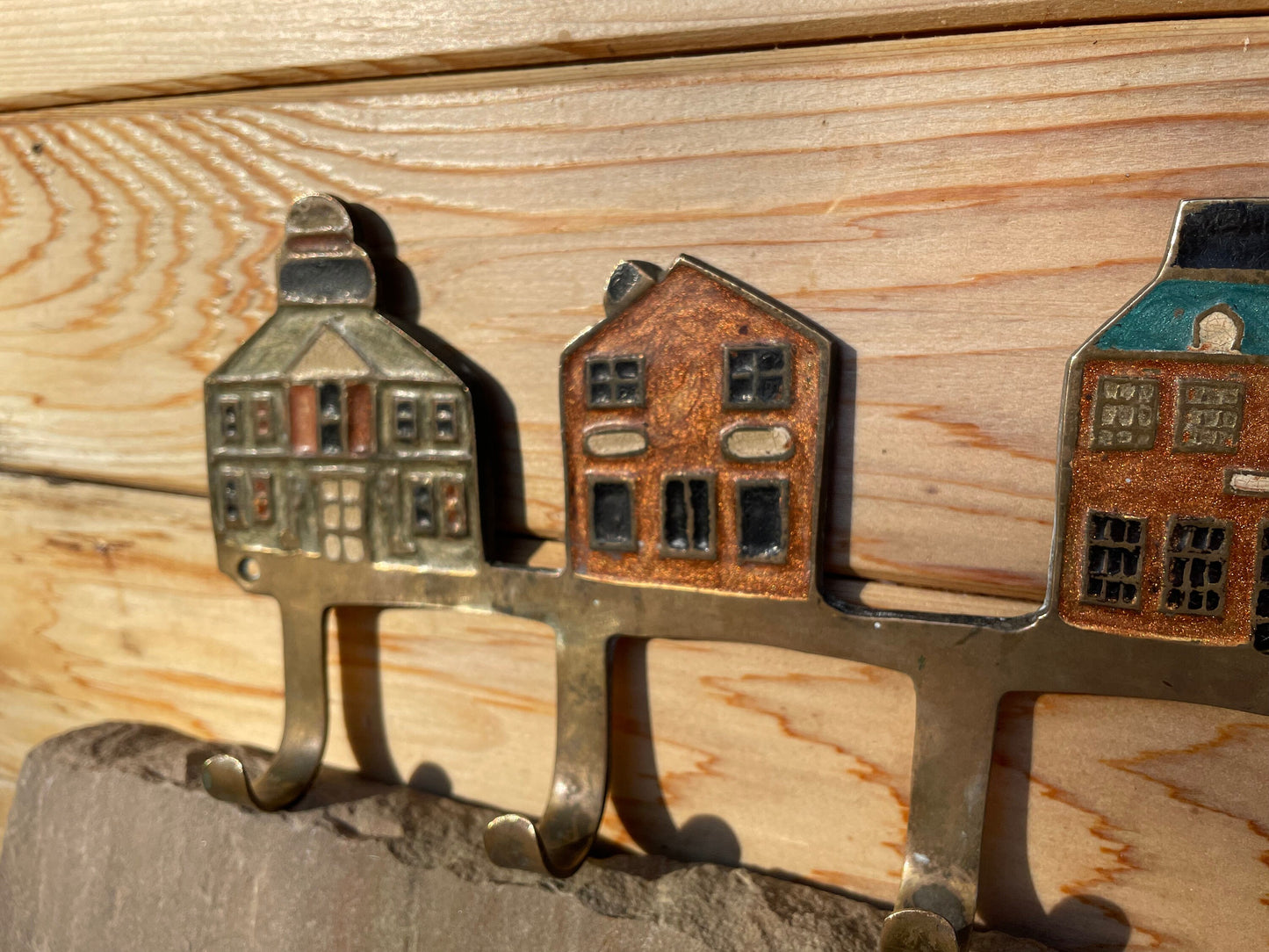 An original one off Vintage Brass Folk Art Utensil/Keys Hook With Enamel Coloured Houses 23cm Long