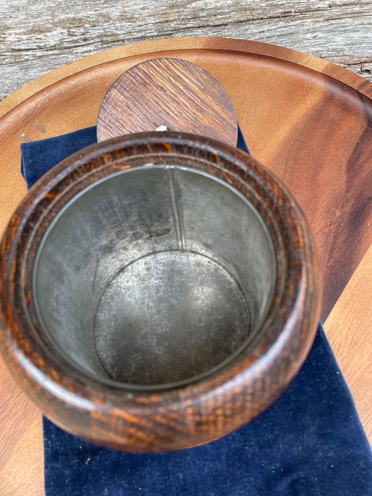 A Tea/Tobacco Caddy in The Form of a Well Patinated Apple with Bakelite Stalk/Handle 12cm diameter c1890
