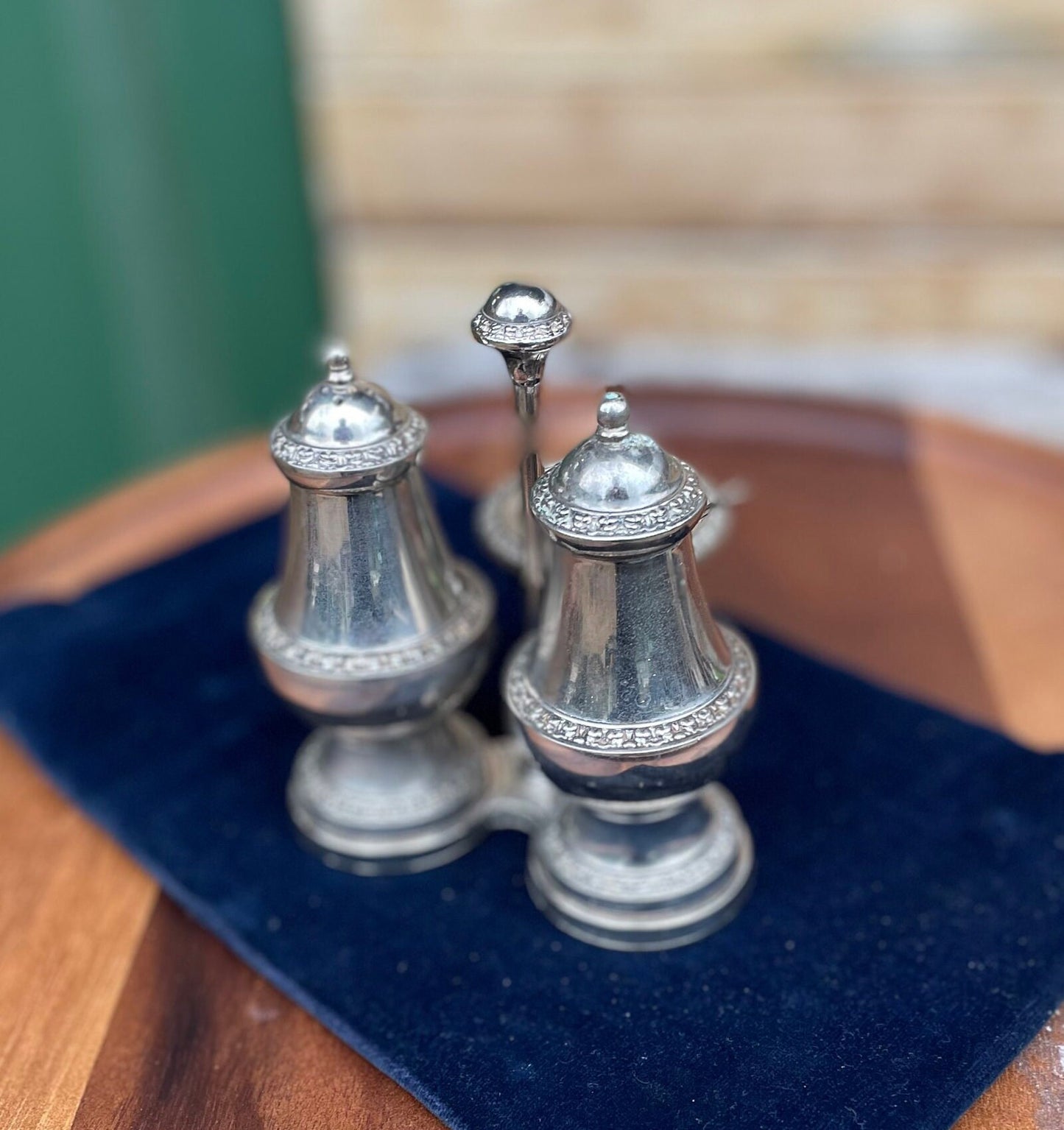 A Vintage English Silver Plated Three Piece Ianthe Condiment Set c1950's