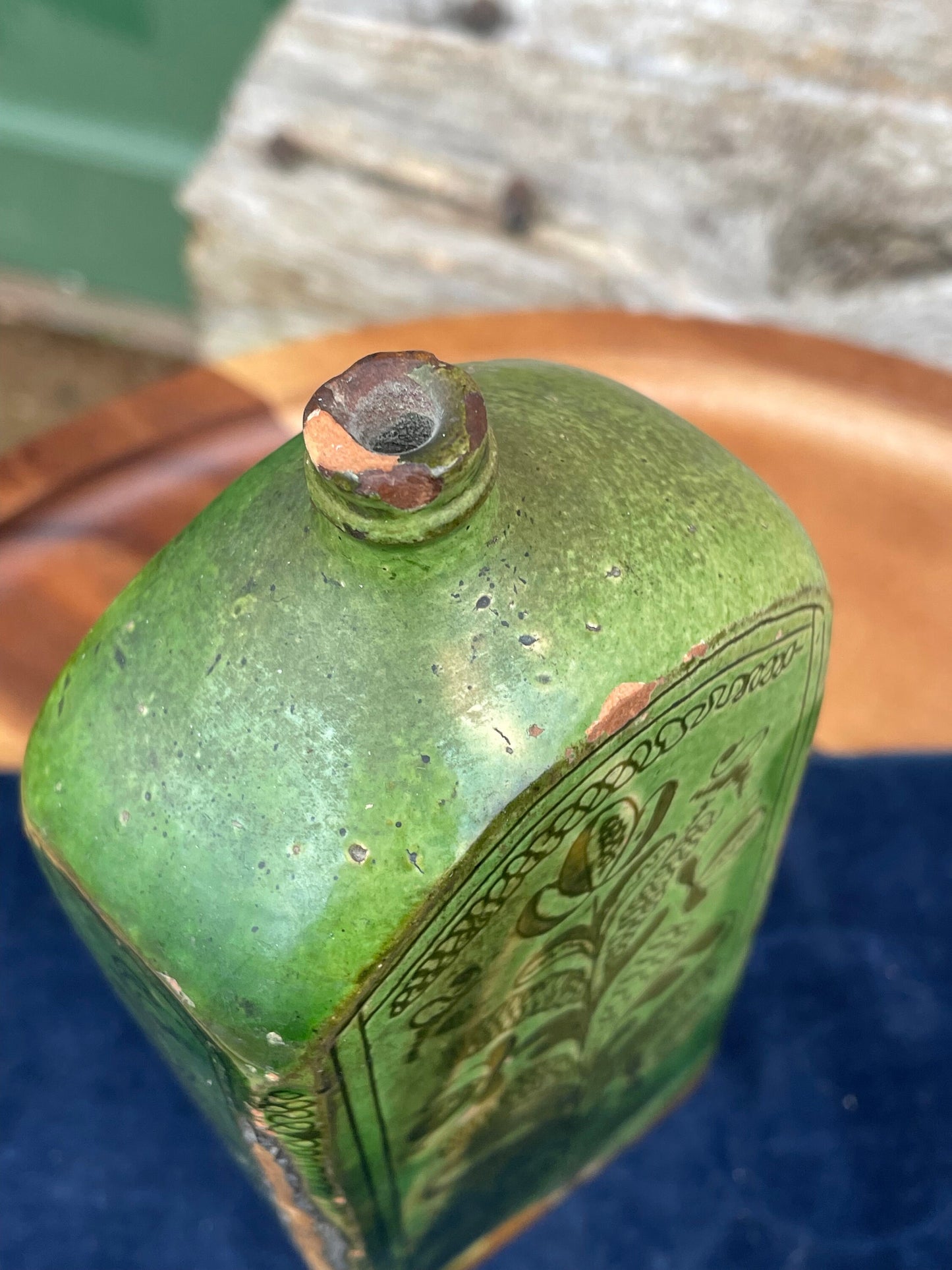 A 19th Century Green Glazed Terracotta Sgraffito Flask 19cm Tall