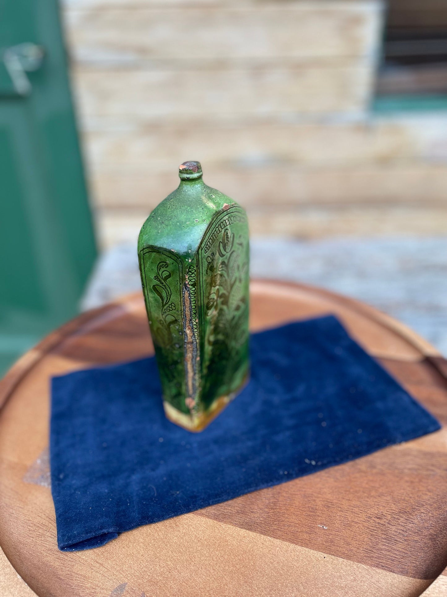 A 19th Century Green Glazed Terracotta Sgraffito Flask 19cm Tall
