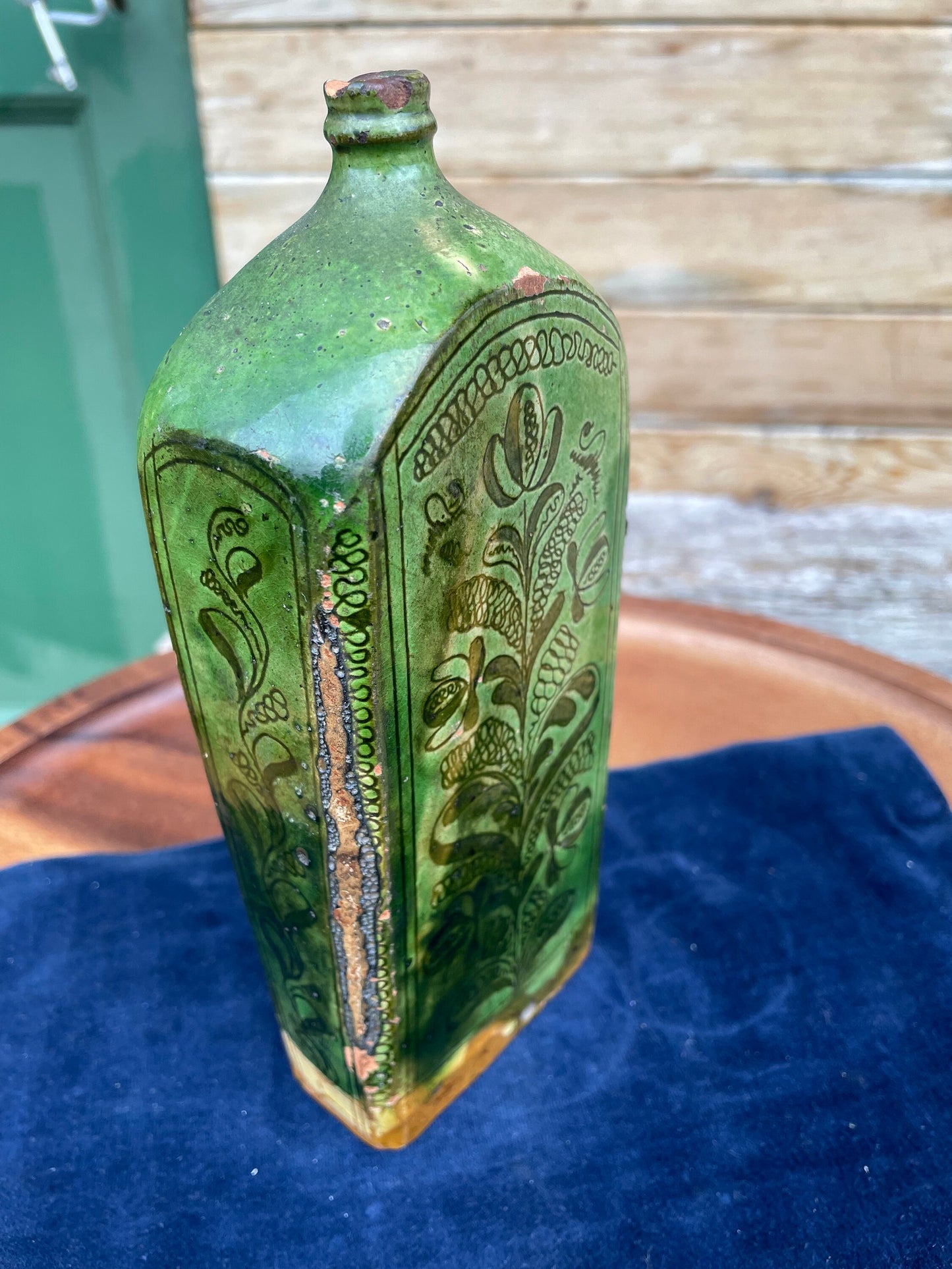 A 19th Century Green Glazed Terracotta Sgraffito Flask 19cm Tall