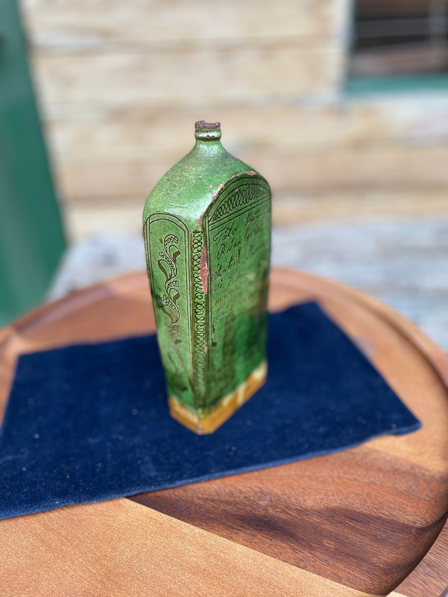 A 19th Century Green Glazed Terracotta Sgraffito Flask 19cm Tall