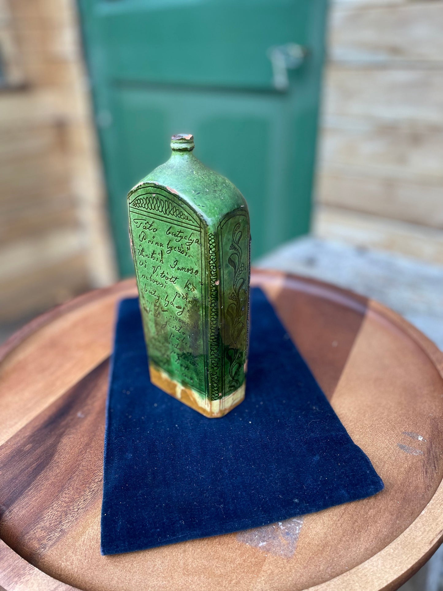 A 19th Century Green Glazed Terracotta Sgraffito Flask 19cm Tall