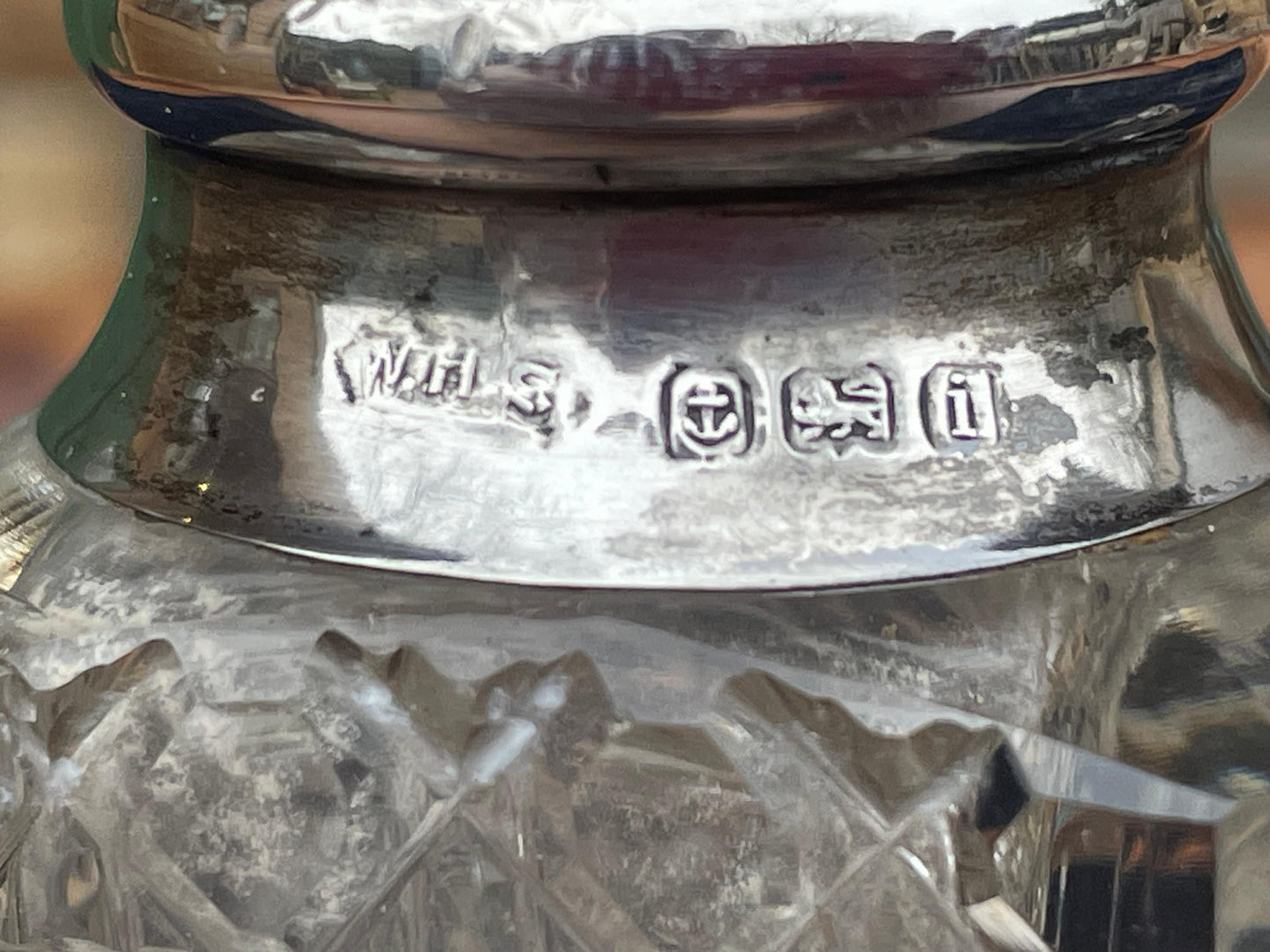 A Small Cut Glass Hallmarked Silver Collared Perfume Bottle Birmingham 1908 by William Henry Sparrow 9cm Tall