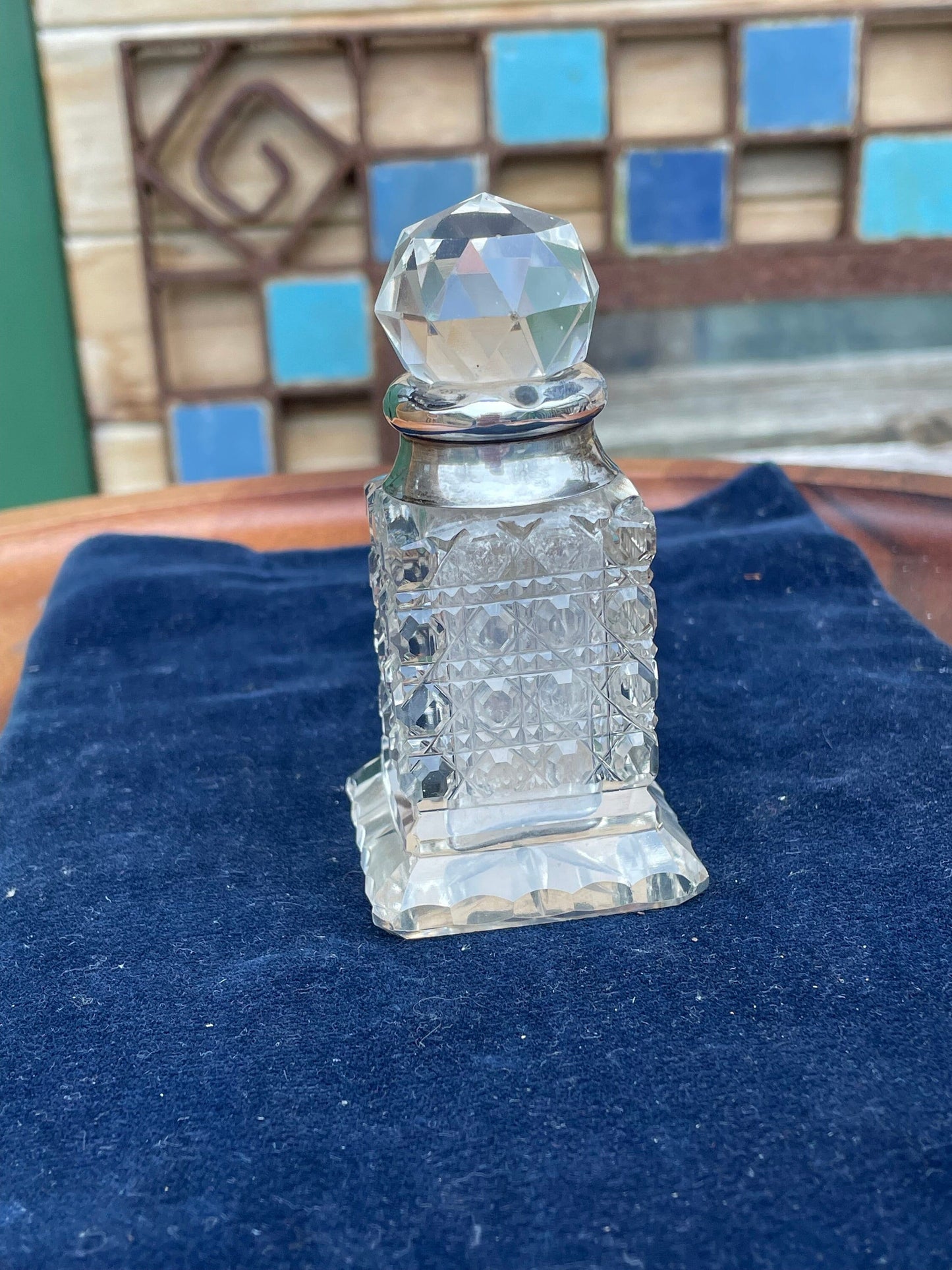 A Small Cut Glass Hallmarked Silver Collared Perfume Bottle Birmingham 1908 by William Henry Sparrow 9cm Tall