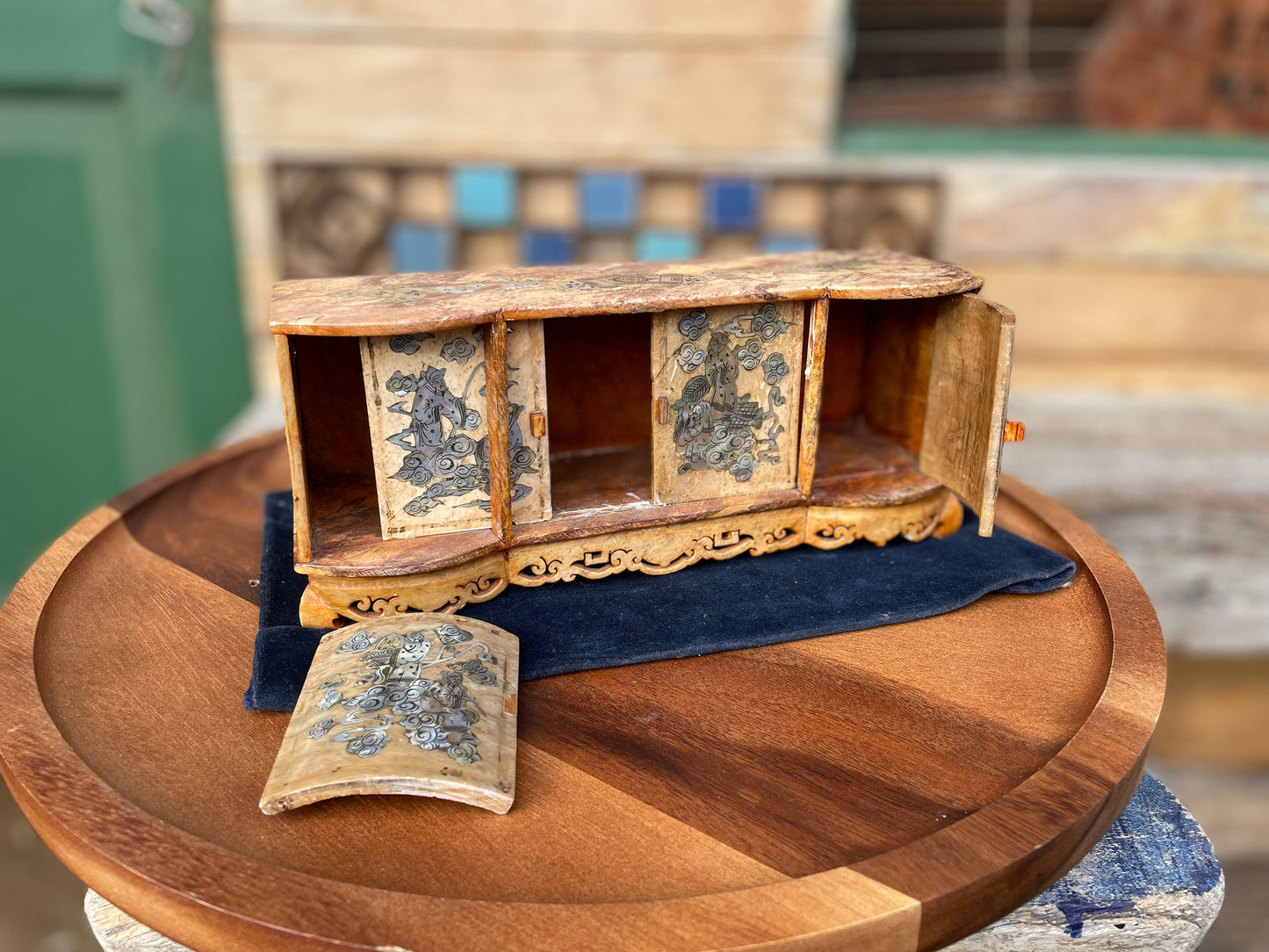 A Miniature Chinese Carved Soapstone Cabinet With Inlaid Mother of Pearl scenery 25cm Wide