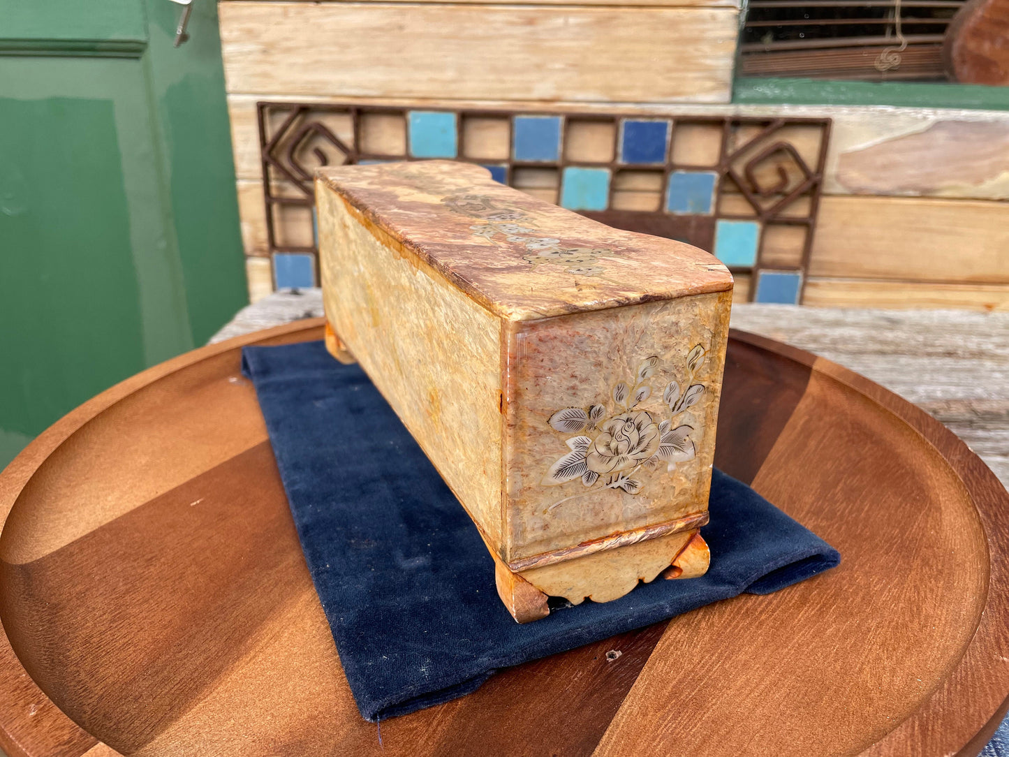 A Miniature Chinese Carved Soapstone Cabinet With Inlaid Mother of Pearl scenery 25cm Wide