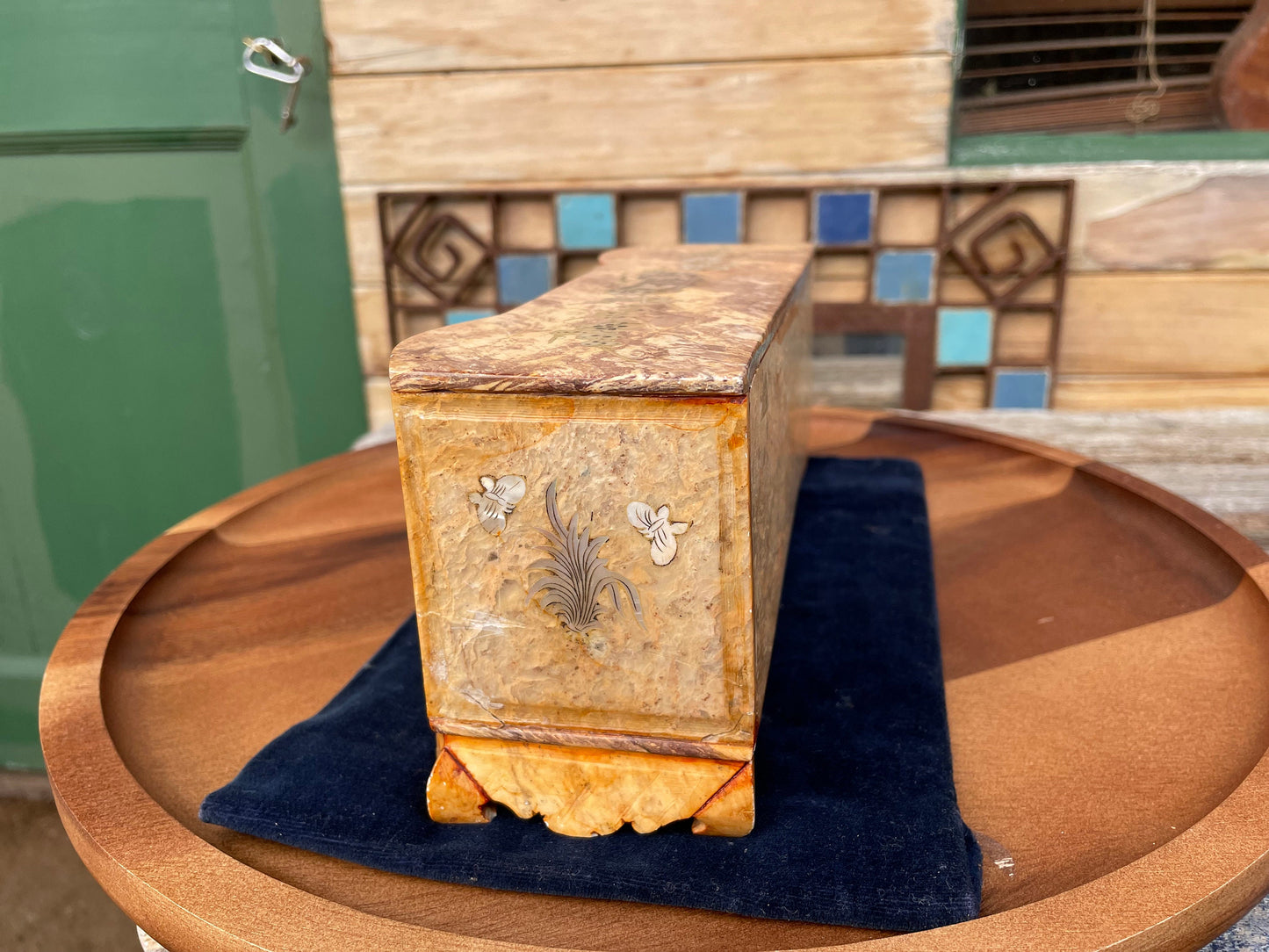 A Miniature Chinese Carved Soapstone Cabinet With Inlaid Mother of Pearl scenery 25cm Wide