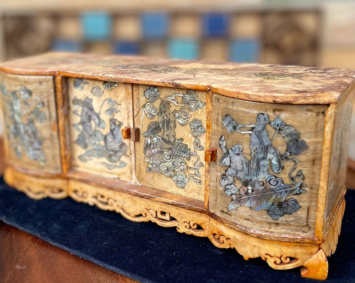 A Miniature Chinese Carved Soapstone Cabinet With Inlaid Mother of Pearl scenery 25cm Wide