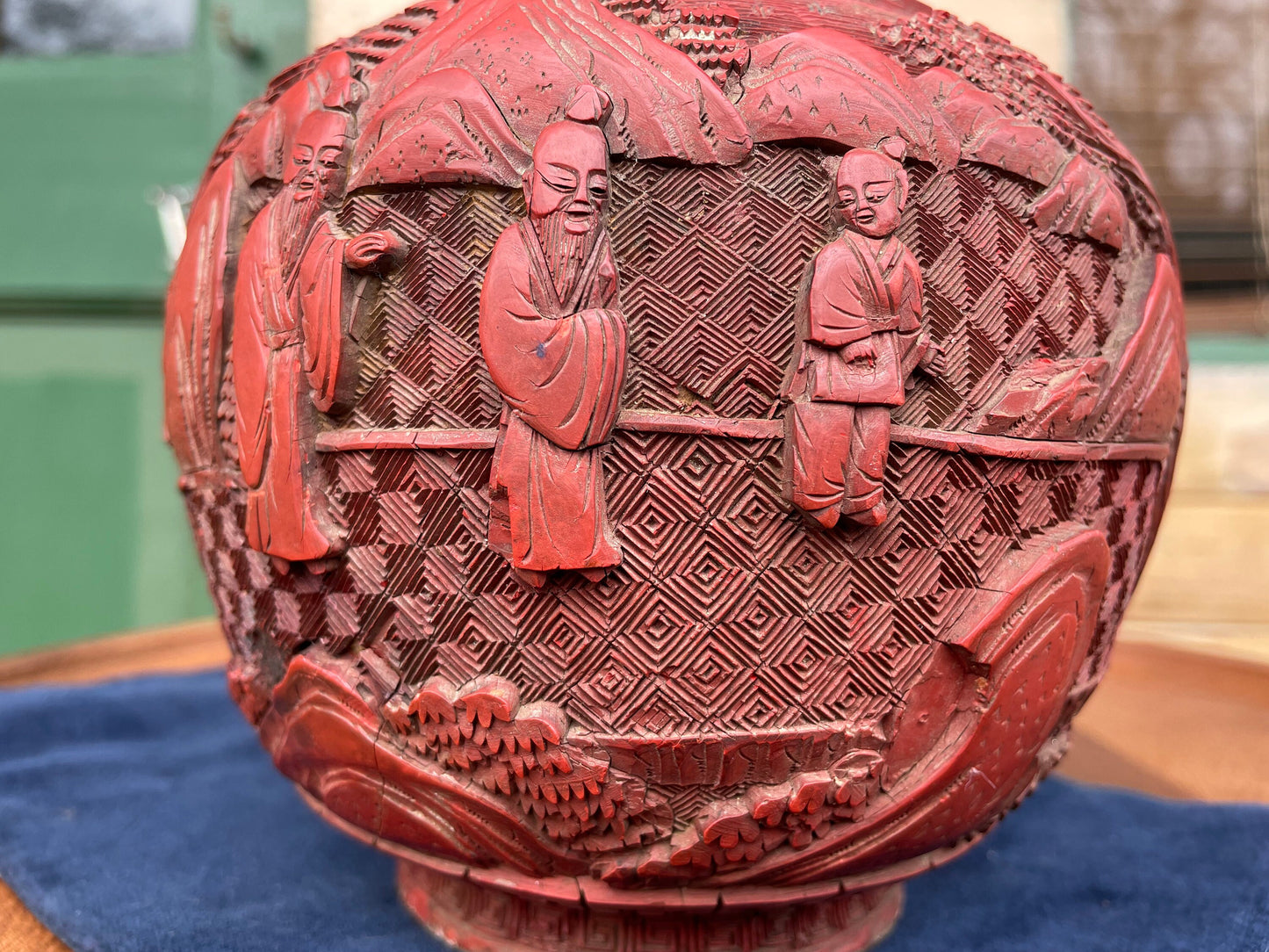 Antique Chinese Cinnabar Lacquer Vase, Hand Carved Scholars and Landscape, Red Lacquer with Brass Rim, 25cm Late Qing Republic Era