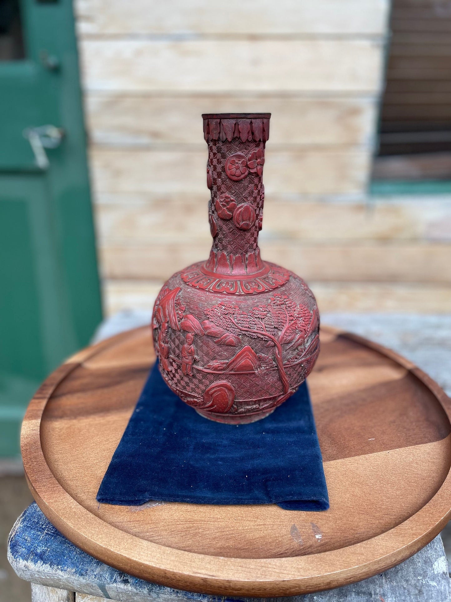 Antique Chinese Cinnabar Lacquer Vase, Hand Carved Scholars and Landscape, Red Lacquer with Brass Rim, 25cm Late Qing Republic Era