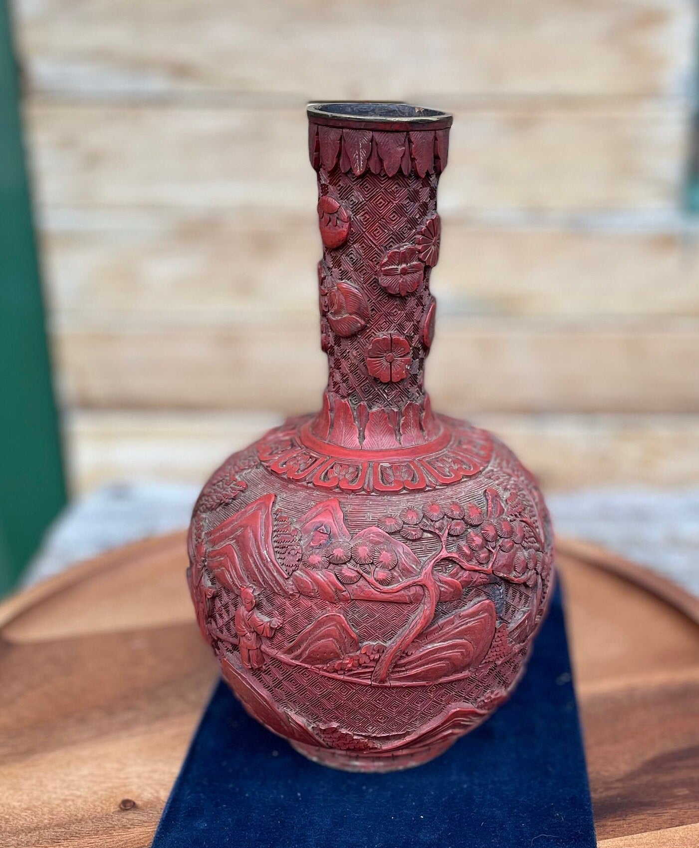 Antique Chinese Cinnabar Lacquer Vase, Hand Carved Scholars and Landscape, Red Lacquer with Brass Rim, 25cm Late Qing Republic Era