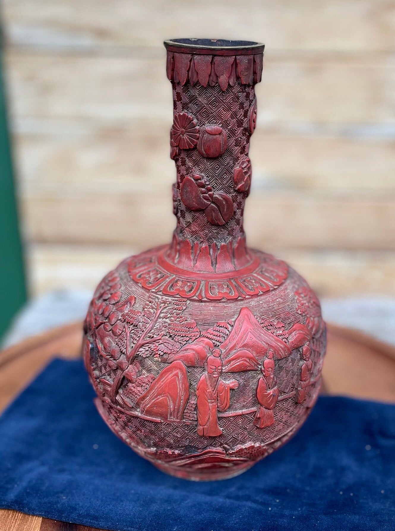 Antique Chinese Cinnabar Lacquer Vase, Hand Carved Scholars and Landscape, Red Lacquer with Brass Rim, 25cm Late Qing Republic Era