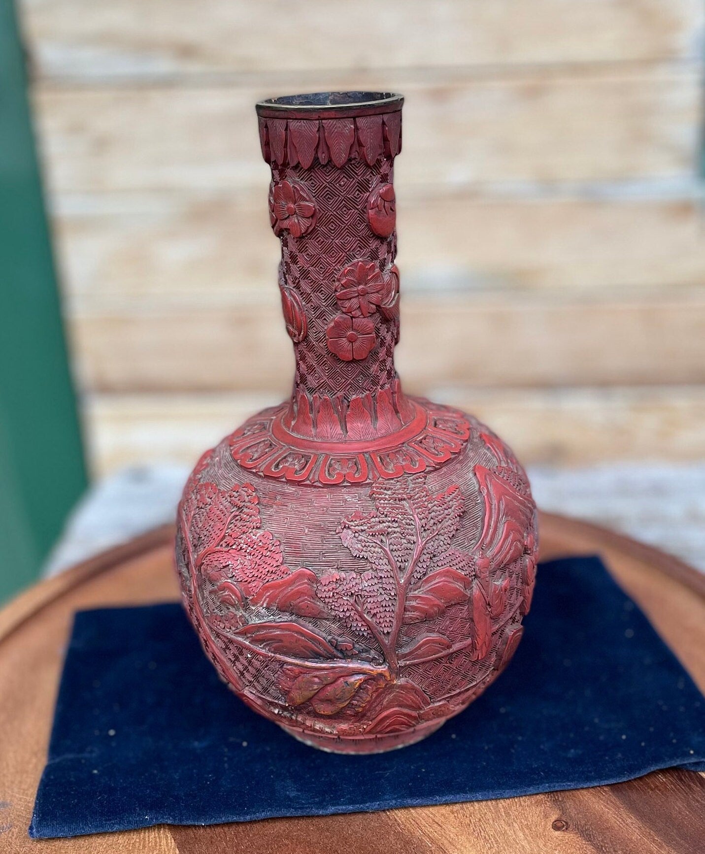 Antique Chinese Cinnabar Lacquer Vase, Hand Carved Scholars and Landscape, Red Lacquer with Brass Rim, 25cm Late Qing Republic Era