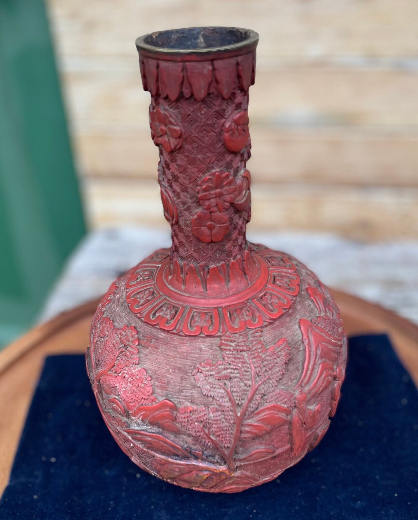 Antique Chinese Cinnabar Lacquer Vase, Hand Carved Scholars and Landscape, Red Lacquer with Brass Rim, 25cm Late Qing Republic Era