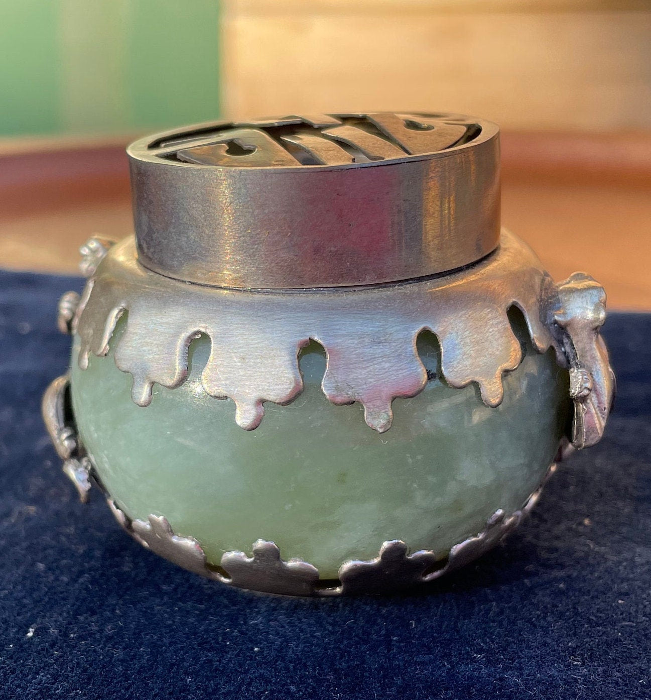 A Green Hardstone Incense Burner With White Metal Mounts 5cm Tall