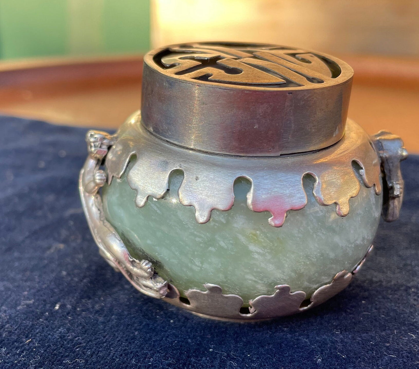 A Green Hardstone Incense Burner With White Metal Mounts 5cm Tall