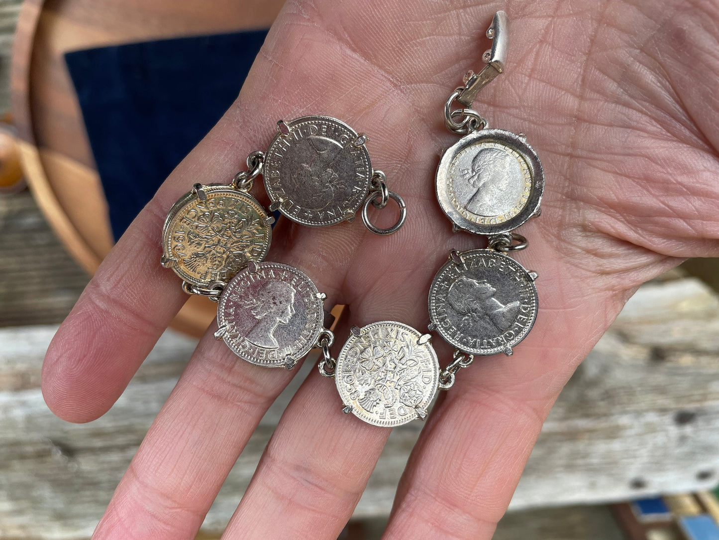 A Child's Charm Bracelet Made From Six Old Sixpence Coins 50's and 60's