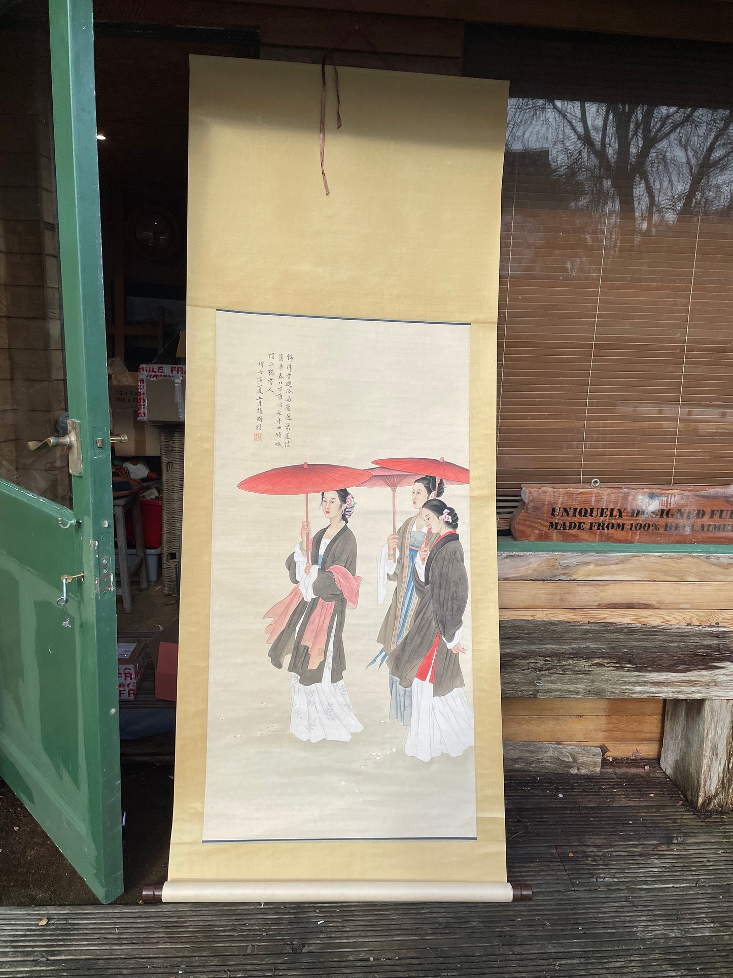 A large Chinese hardwood scroll In the manner of Wang Meifang and Zhao Guojing - hand painted watercolour called Beauty Walking 78cm wide
