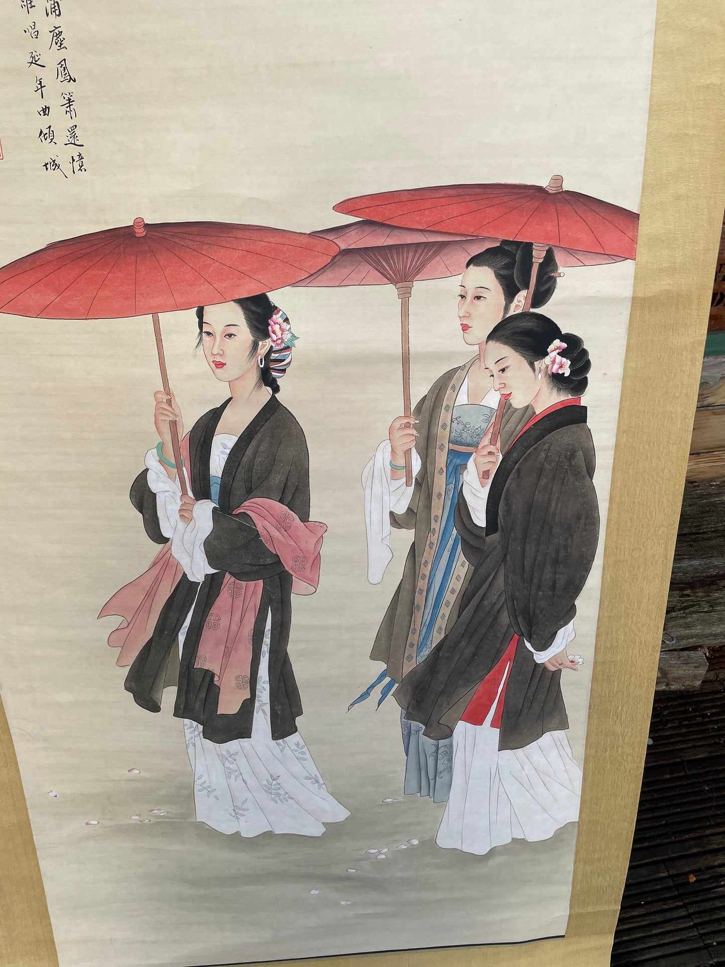 A large Chinese hardwood scroll In the manner of Wang Meifang and Zhao Guojing - hand painted watercolour called Beauty Walking 78cm wide