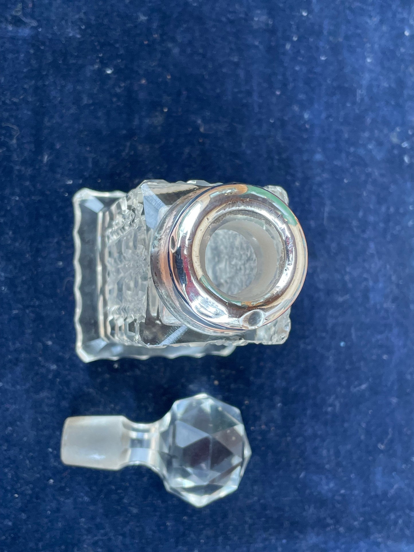 A Small Cut Glass Hallmarked Silver Collared Perfume Bottle Birmingham 1908 by William Henry Sparrow 9cm Tall