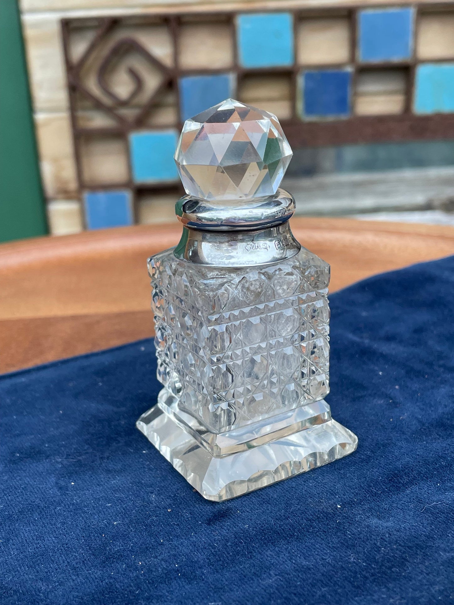 A Small Cut Glass Hallmarked Silver Collared Perfume Bottle Birmingham 1908 by William Henry Sparrow 9cm Tall