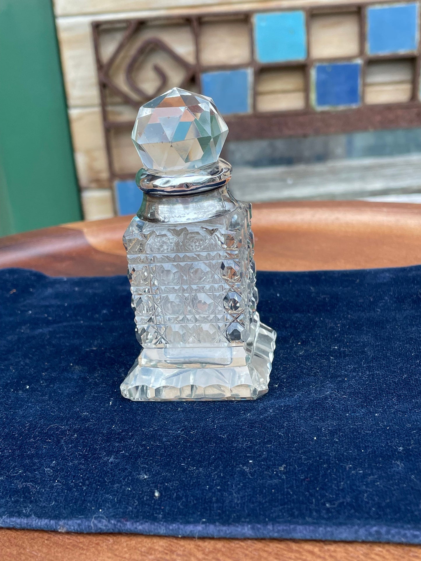 A Small Cut Glass Hallmarked Silver Collared Perfume Bottle Birmingham 1908 by William Henry Sparrow 9cm Tall