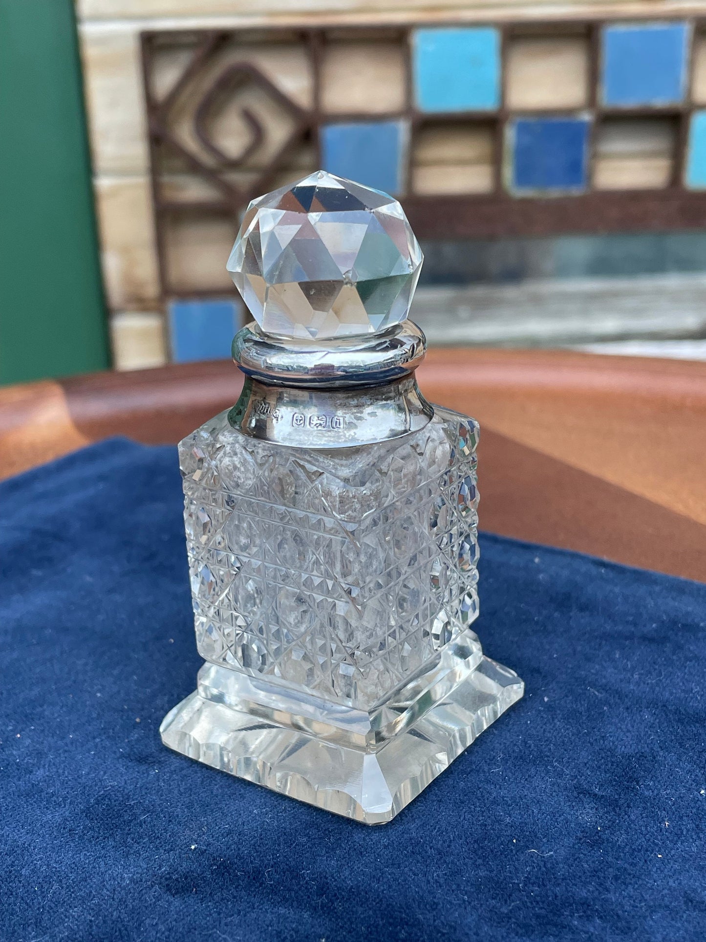 A Small Cut Glass Hallmarked Silver Collared Perfume Bottle Birmingham 1908 by William Henry Sparrow 9cm Tall