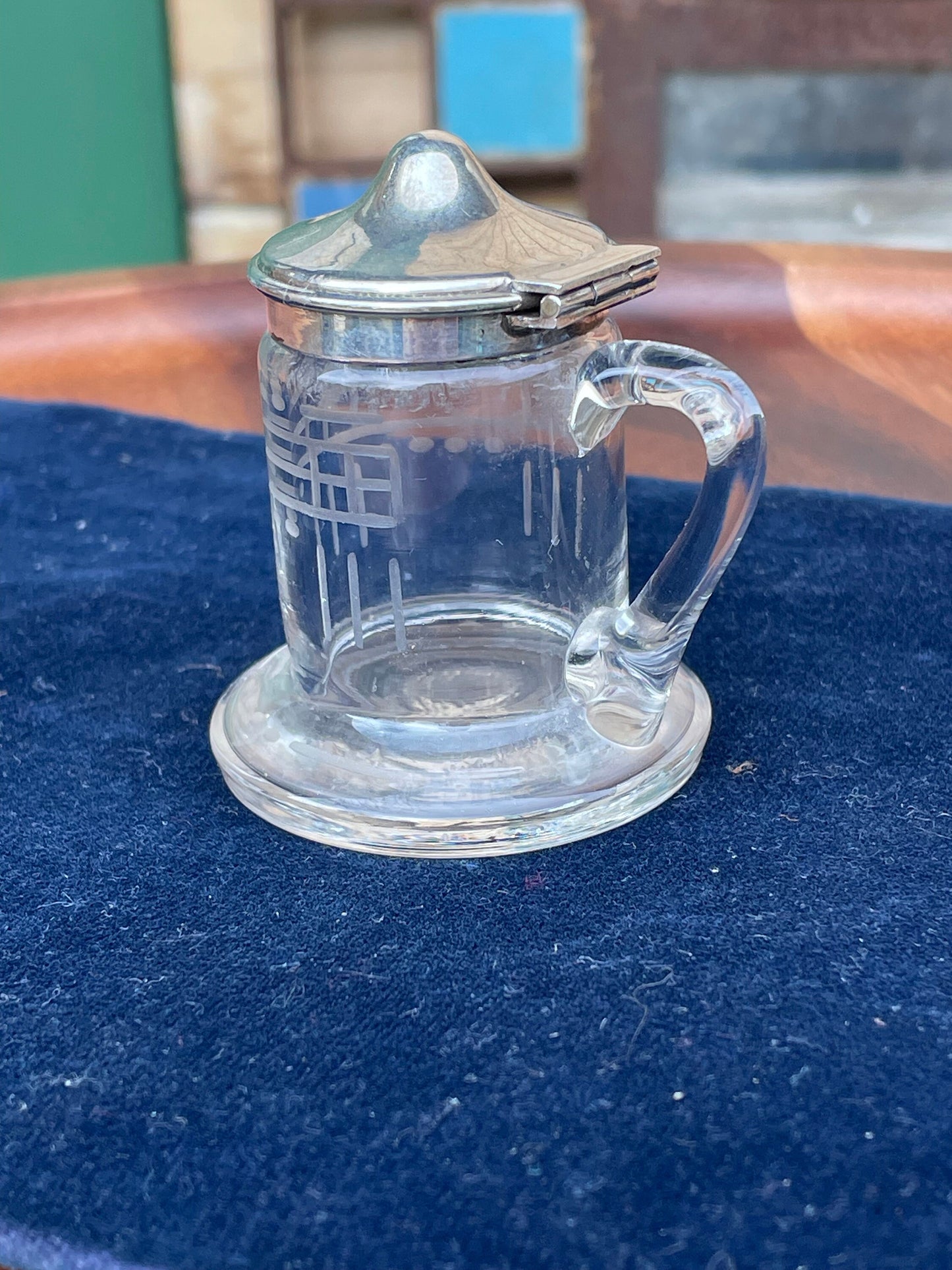 An Antique Hallmarked Silver and Glass Mustard Pot With Etched Glass - Birmingham 1911 by James Deakin & Sons - 6cm Tall