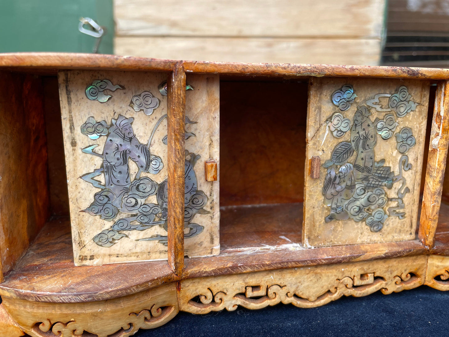 A Miniature Chinese Carved Soapstone Cabinet With Inlaid Mother of Pearl scenery 25cm Wide