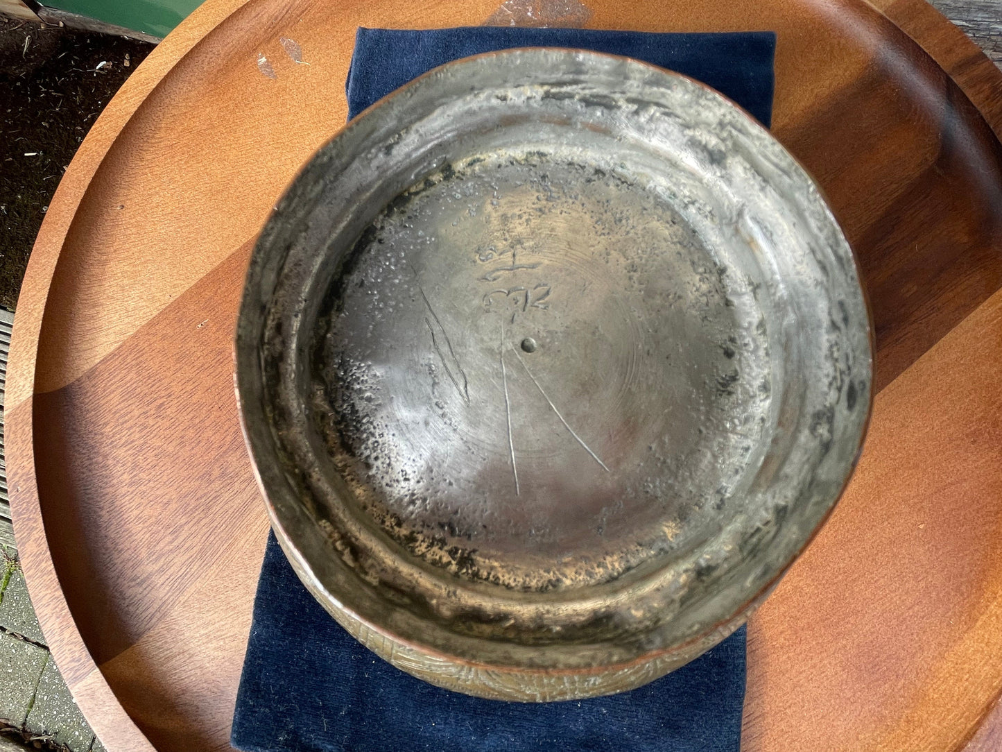 An antique Middle Eastern Bowl - heavily engraved and patinated with clear marks to base 16.5cm diameter