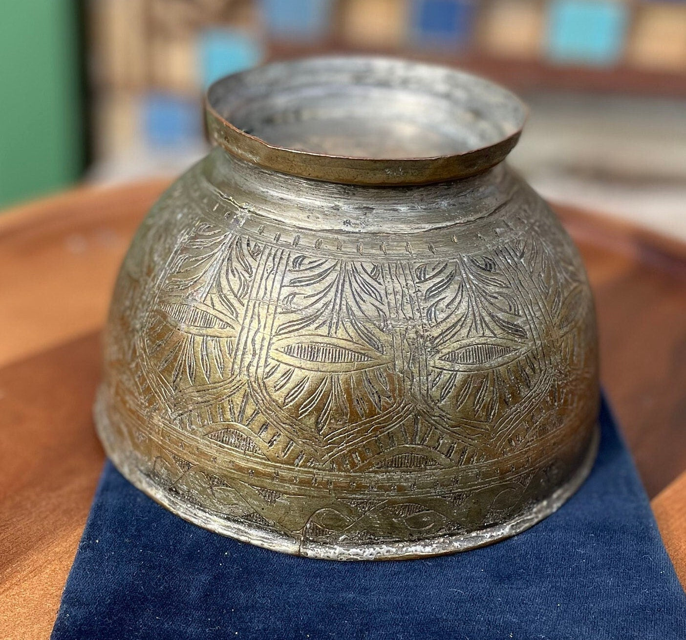 An antique Middle Eastern Bowl - heavily engraved and patinated with clear marks to base 16.5cm diameter