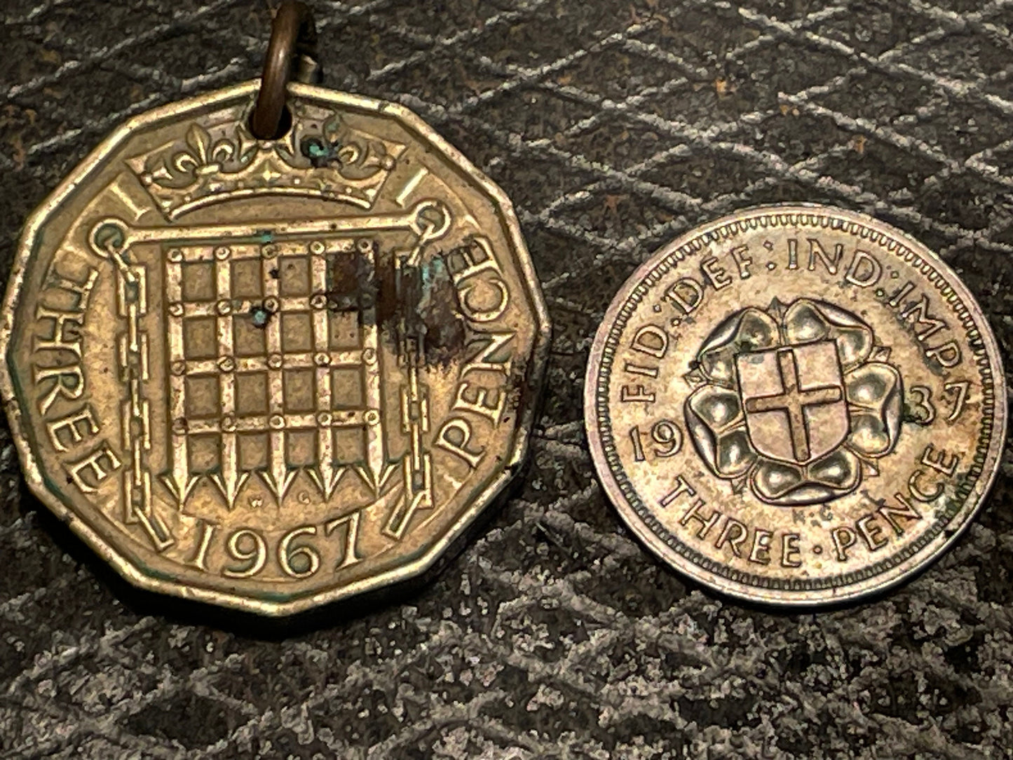 Pair of Vintage British Threepence Coins – 1937 Silver George VI & 1967 Brass Elizabeth II (Jewellery Pendant & Collectible Coins)
