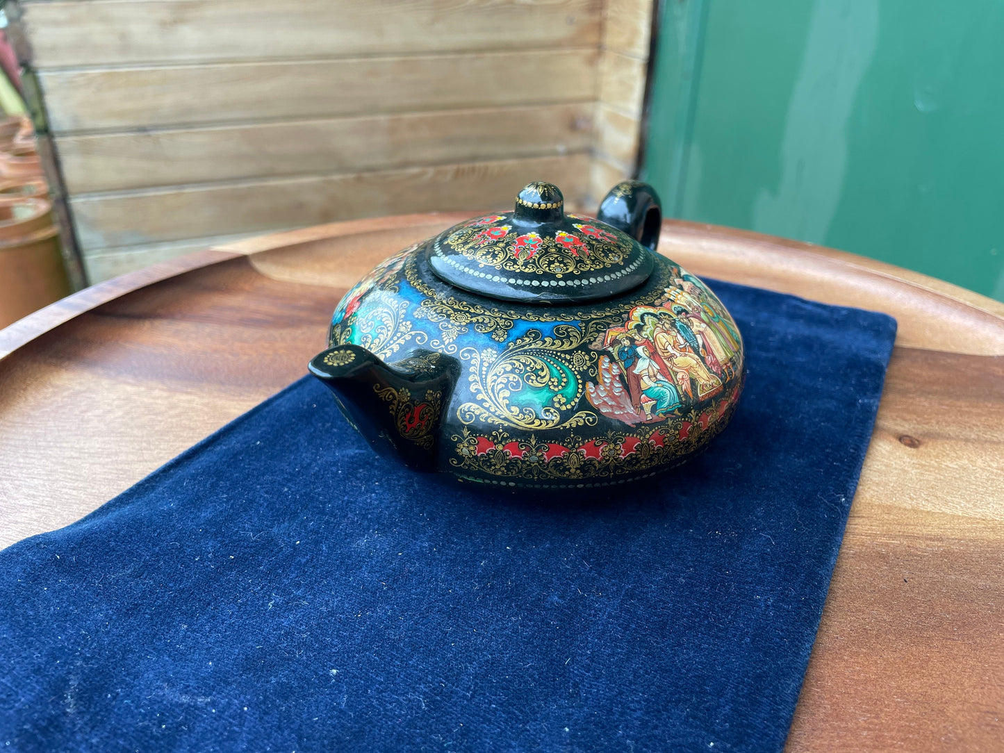 An Indian Kashmir folk art Lacquered decorative teapot 16.5cm long