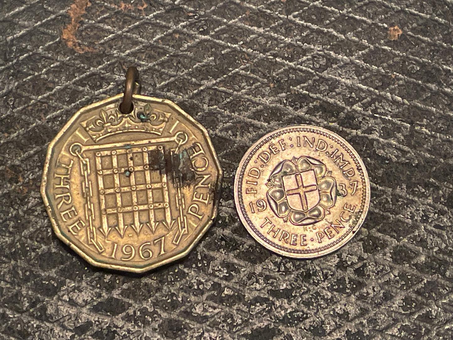 Pair of Vintage British Threepence Coins – 1937 Silver George VI & 1967 Brass Elizabeth II (Jewellery Pendant & Collectible Coins)